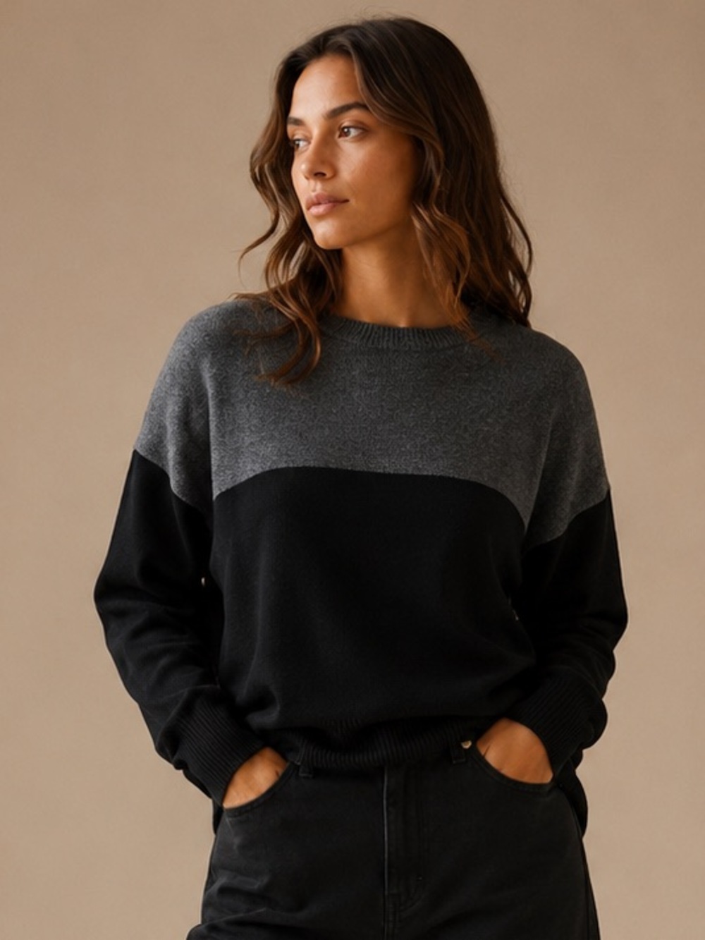 Vince Camuto Colorblock Crew Neck Sweater Women's Large Gray Black Soft Knit